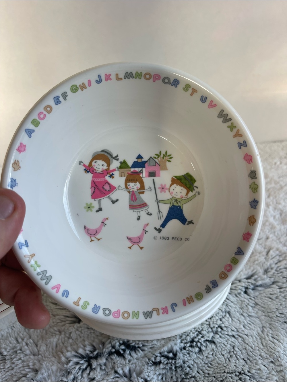 Vintage 80's Peco Kids Bowl. Dancing Children on a Farm with Alphabet .